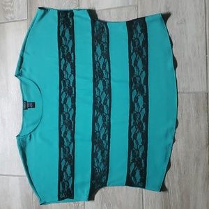 Torrid Teal Lace Stripe Cap Sleeve Blouse
